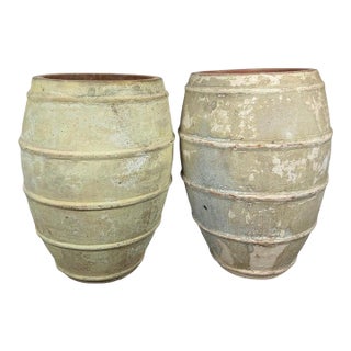 Pair of French Style Olive Jar Planters - Terracotta Barrel Pots For Sale