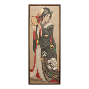 XL Meiji to Taisho Era Japanese Gold Leaf Portrait of a Young Woman on Silk, Framed