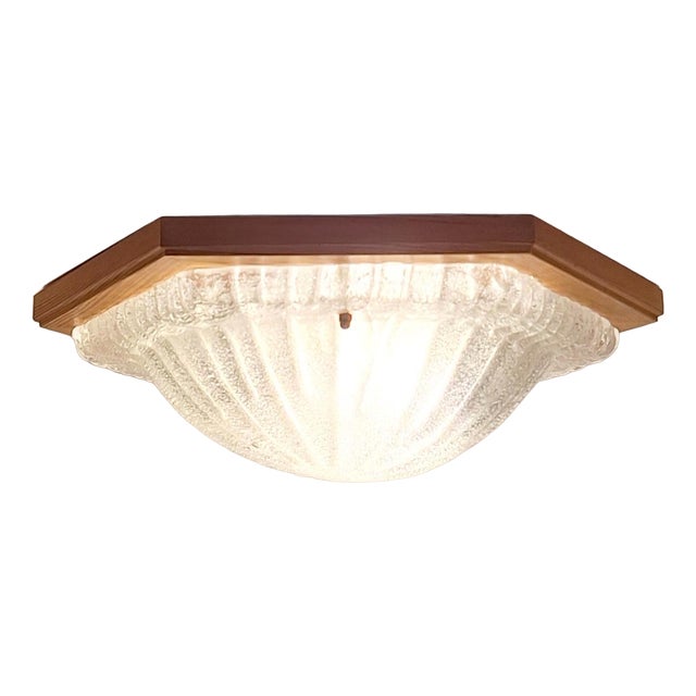 Vintage Ceiling Lamp with Hexagonal Pine Wood Frame for Frosted Glass Shade, 1980s For Sale