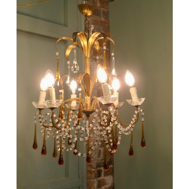 French Gilt Tolewear Chandelier with Amber Crystal Teardrops, 1910 For Sale - Image 6 of 9