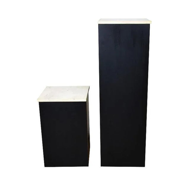 Two Square Plinth Base Black Marble and Wood Display Pedestals With Marble Tops - a Pair For Sale In Oklahoma City - Image 6 of 8