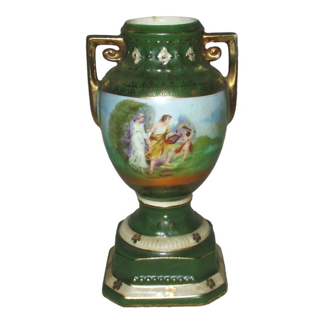 Antique German Double Handle Hand Painted Cherub & Lovers Vase 6" For Sale
