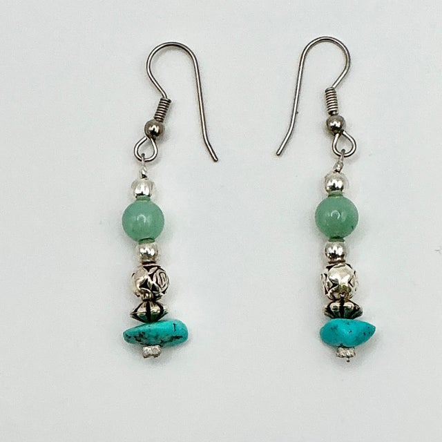 Ralph Lauren 1970s Vintage Southwestern Mexican Boho Chic Sterling, Turquoise & Jade Dangle Pierced Earrings - A Pair For Sale - Image 4 of 5