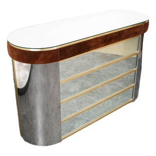 Mid Century Modern Bar Cabinet Mirrored 1970s Fridge Italy Willy Rizzo Suede MCM For Sale