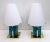 Pair of brass cage lamps with impressive and massive cubes in Murano glass blue pressed. The lampshade is made of Murano...