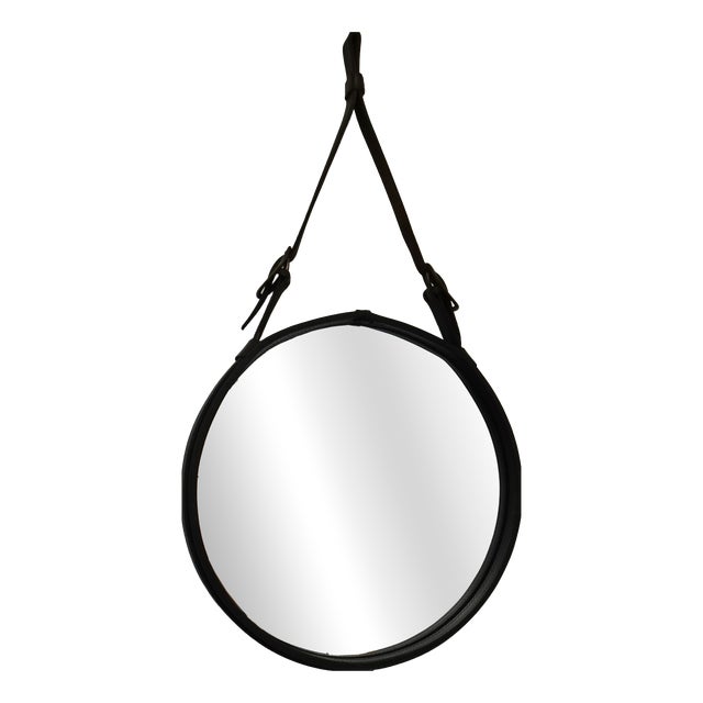 Large Sadderly Leather Round Mirror by Jacques Adnet, 1940s For Sale