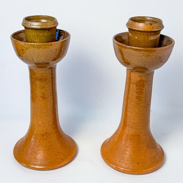 Ceramic Ben Owen Sr Master Potter Candlesticks Pair Nc Pottery Tobacco Spit Glaze For Sale - Image 7 of 12