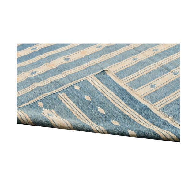 1950s Vintage Dhurrie Flat Weave in Blue and Off-White Stripes by Rug & Kilim For Sale In New York - Image 6 of 6