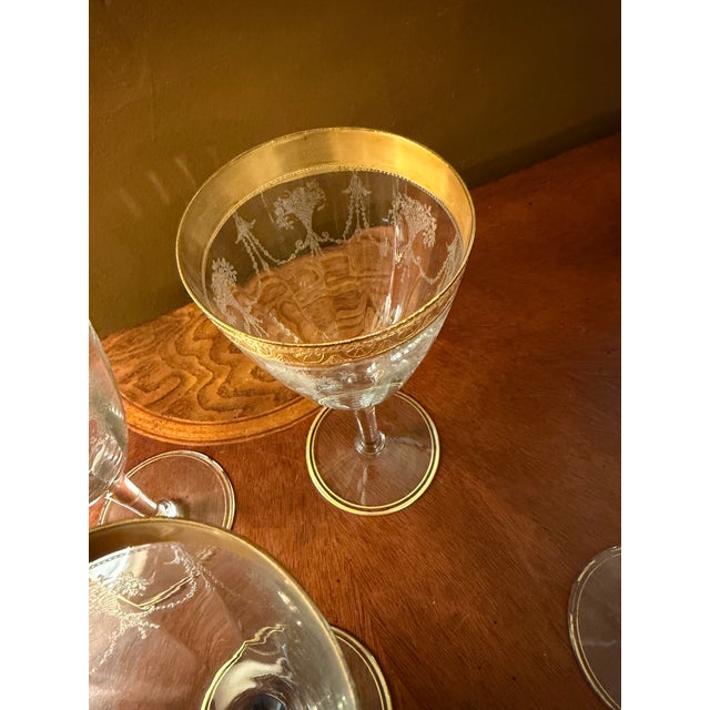Antique Cambridge Etch 701 - 7" Water Goblets - Etched W/Gold Bands - Set of 8 For Sale - Image 16 of 18
