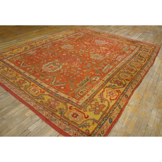 Impressive Coral Red With Palmettes Cross Pattern Antique Turkish Oushak Rug For Sale In New York - Image 6 of 12