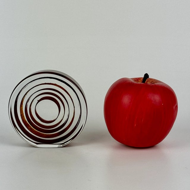 1980s Signed Vintage Modern Round Around Art Glass Sculpture With Layered Ribbons of Deep Orange & Purple For Sale - Image 4 of 10