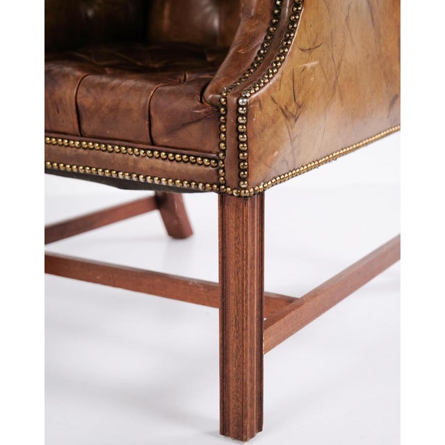 Set of George III Style Wingback Armchair and Ottoman in Brown Leather, 1890s For Sale - Image 12 of 15