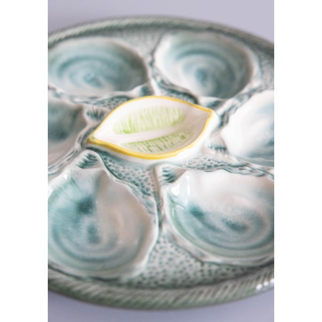 Antique French Saint Clément Majolica Blue Green & Yellow Lemon Wedge Oyster Plate For Sale - Image 4 of 7