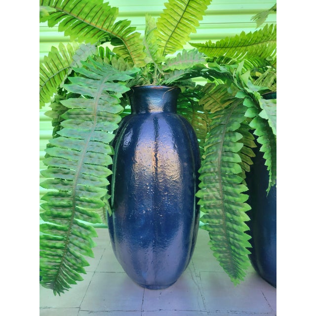 Custom Painted Navy Blue Large Clay Floral Vases Vessels- a Pair For Sale - Image 9 of 9