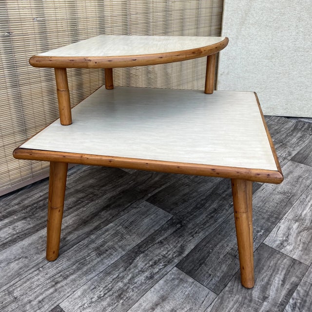 1950s Mid Century Modern Two Tiered Rattan Corner Table. C 1950s For Sale - Image 5 of 12