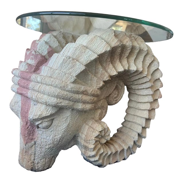 1970s Vintage Mid Century Modern Postmodern Vintage Ram Head Center End Table Solid Stone Rock Glass For Sale