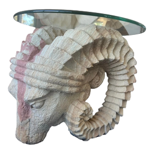 1970s Vintage Mid Century Modern Postmodern Vintage Ram Head Center End Table Solid Stone Rock Glass