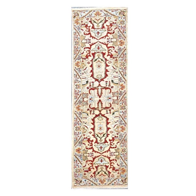21st Century Afghan Sultanabad 3x10 Tan, Red & Light Blue Handmade Runner Rug #1144042 For Sale