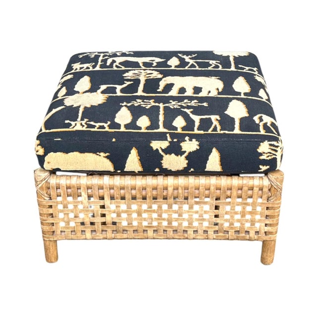 1980s McGuire Thebes Rattan‑Weave Ottoman, Natural Satin Finish, 5" Needlepoint Cushion For Sale In Los Angeles - Image 6 of 13