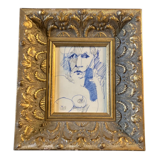 1970’s Vintage Blue Ink Abstract Female Nude Portrait Drawing Chunky Gold Frame For Sale