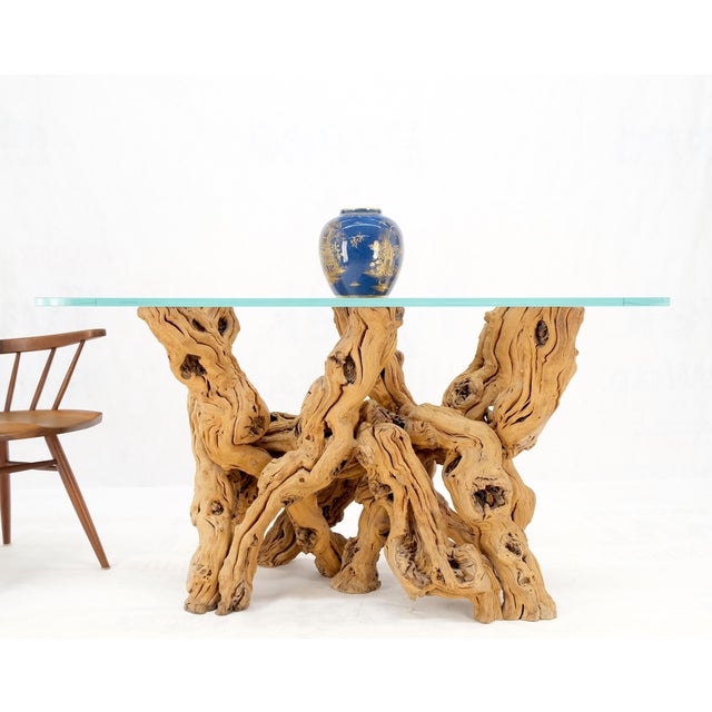 Mid-Century Modern Large Varnished Driftwood Organic Base Rectangle Glass Top Console Table For Sale - Image 3 of 12