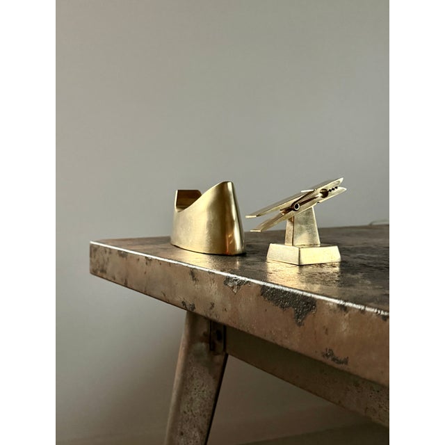 Metal Cast Brass Tape Dispenser + Brass Clothespin Card Holder, Set of 2 For Sale - Image 7 of 17