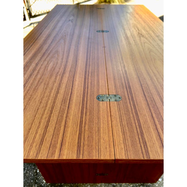 Danish Late Mid Century Fold-Open Teak Dining or Console Table With Hinged Tabletop and Legs | by Sannemann Denmark For Sale - Image 4 of 12