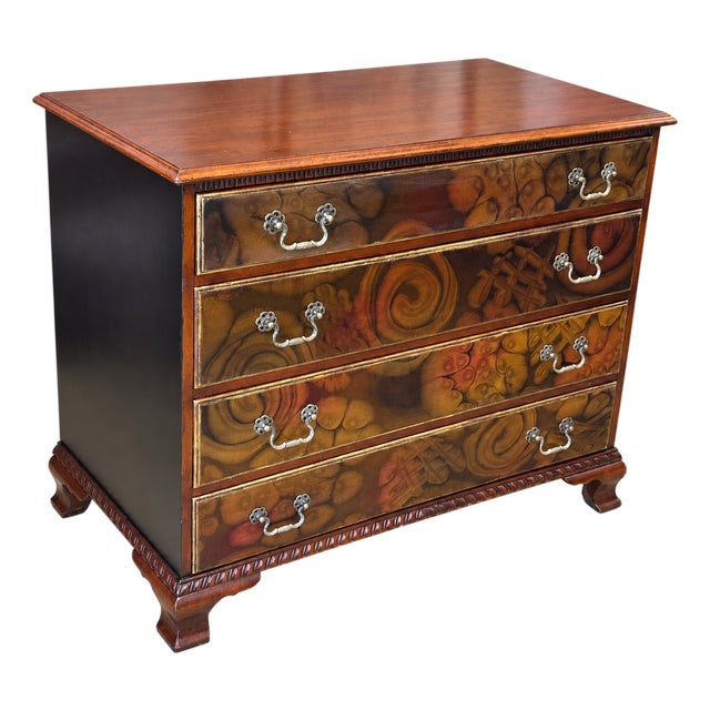 Vintage Flint & Horner Four-Drawer Chest With Silk Decoupage and Black Accents, Attributed For Sale