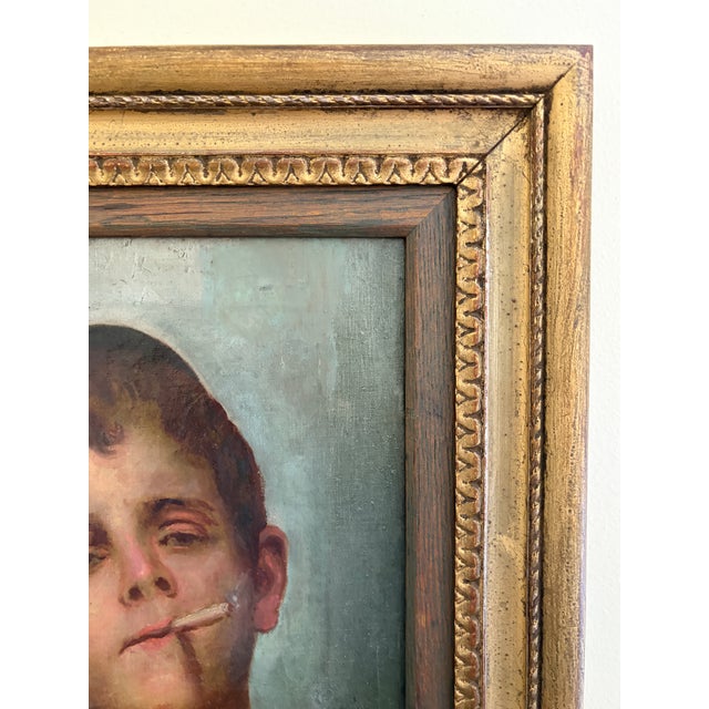 Wood Antique Italian Oil on Canvas Portrait Painting of a Boy Smoking by Giovanni Ciappa, Early 19th Century For Sale - Image 7 of 12
