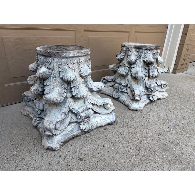 Sculpture Materials Late 20th Century Pair of Weathered Cast Concrete Corinthian Capital Garden Stands For Sale - Image 7 of 14