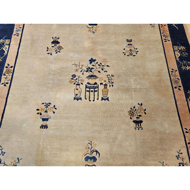 Antique Chinese Peking Rug, Hand-Knotted Wool Pile, Pale Tan & Blue, 9' x 12' For Sale - Image 15 of 18