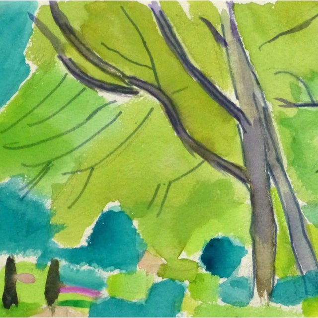 Peaceful watercolor of a figure sat on a park bench in the Luxembourg Gardens of Paris by French artist Madeleine Scali,...