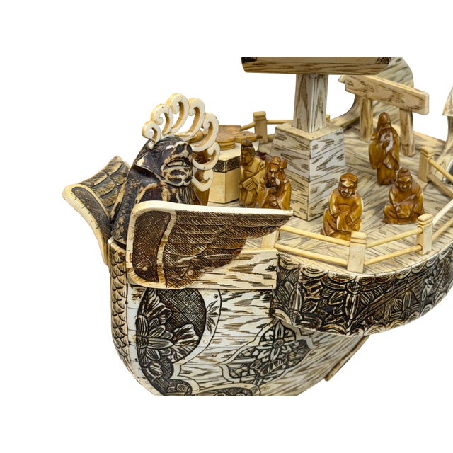 Cream Vintage Asian Cream Bone Inset Treasure Ship Display Art Figure For Sale - Image 8 of 16