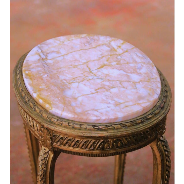French 19th C. French Louis XV Gilt Guéridon Side Table With Marble Top and Cane Shelf For Sale - Image 3 of 8