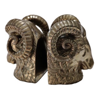 Vintage Pair of Rare Brass Ram's Head Bookends For Sale