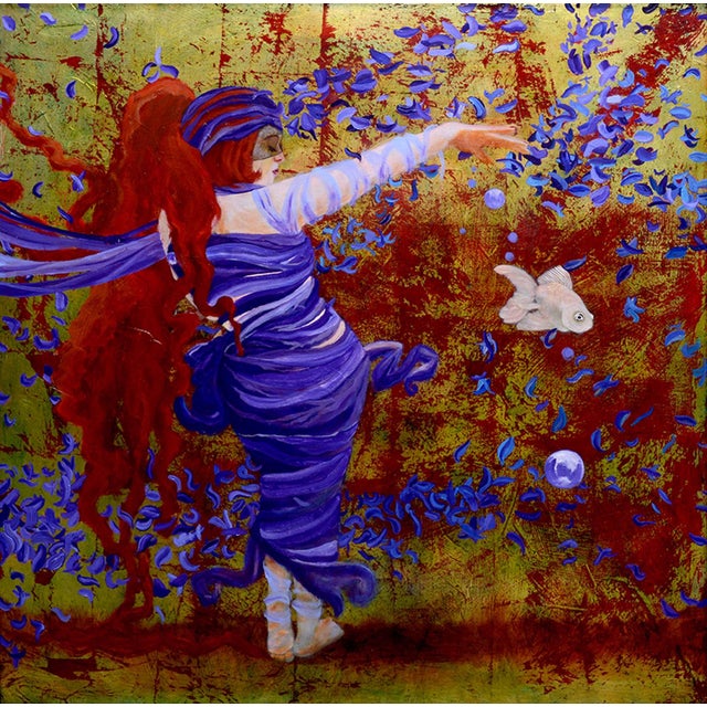 The Seer presents a dynamic figure enveloped in flowing fabric, reaching out as vibrant blue petals and bubbles swirl...