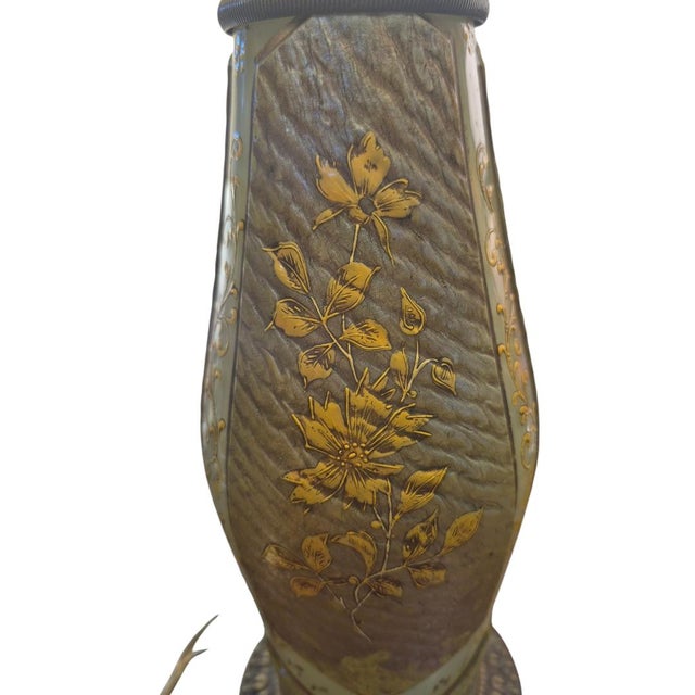 Art Nouveau 1900s Rare Unsigned Cameo Glass Art Nouveau Style Landscape Table Lamp - Gilt Bronze Base For Sale - Image 3 of 11