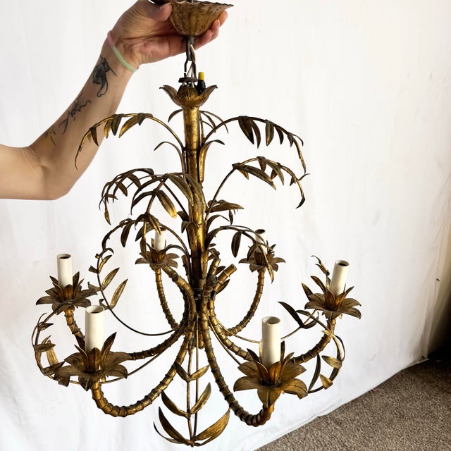 Vintage Hollywood Regency Gilt Faux Bamboo Metal Chandelier For Sale - Image 4 of 10