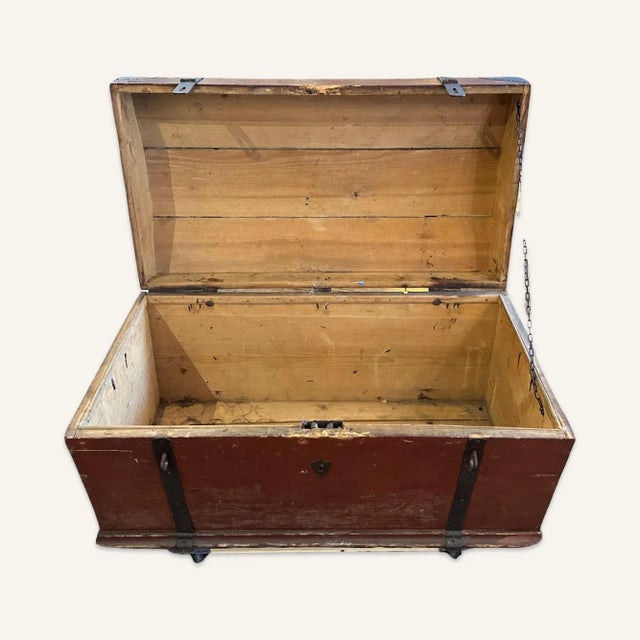 Red Early 19th Century American Painted Wooden Trunk With Wrought and Hammered Iron Hardware For Sale - Image 8 of 11