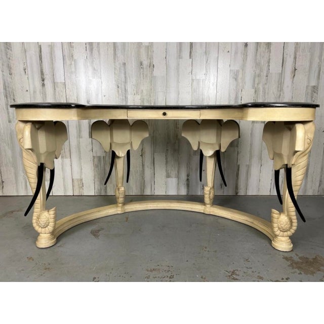 1990s Carved Wood Elephants With Tessellated Stone Top Desk For Sale - Image 15 of 17