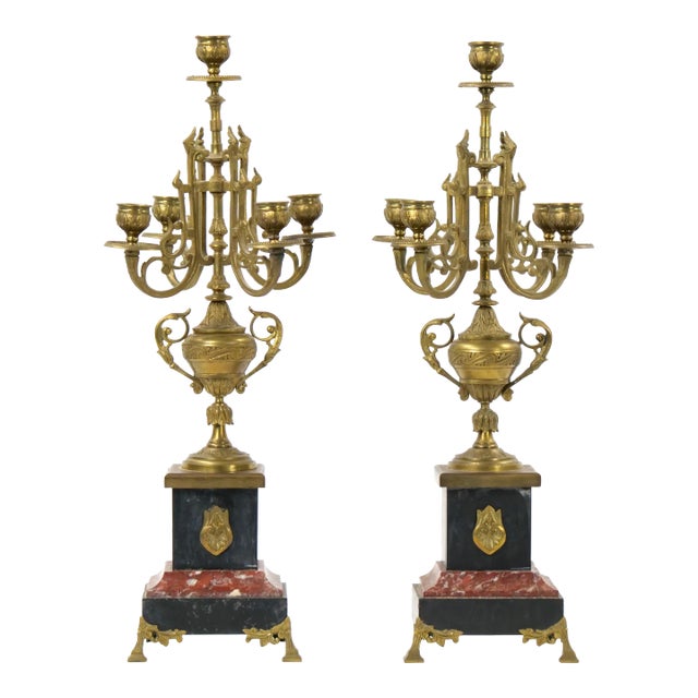 19th Century Gilt Bronze-Mounted Slate & Rouge Marble Five Arm Candelabra For Sale