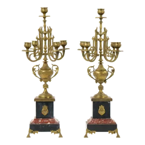 19th Century Gilt Bronze-Mounted Slate & Rouge Marble Five Arm Candelabra