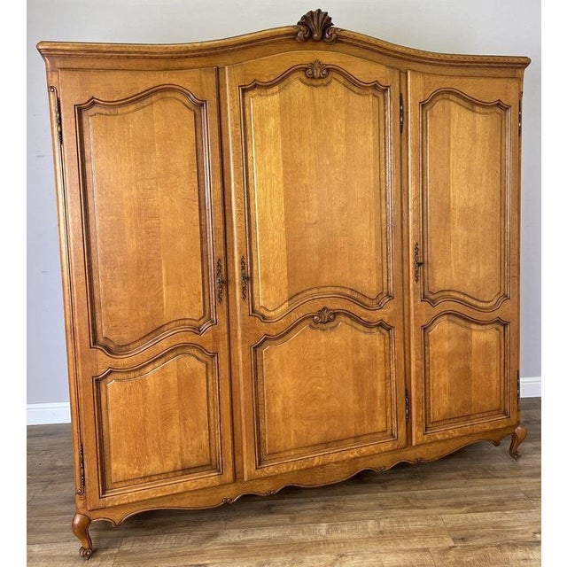 Vintage French Louis XVI Style Carved Oak 3-Door Armoire For Sale - Image 4 of 13