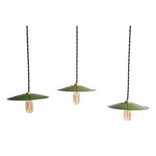 Industrial Pendant Lights in Green Enameled Sheet Metal, 1940s, Set of 3 For Sale