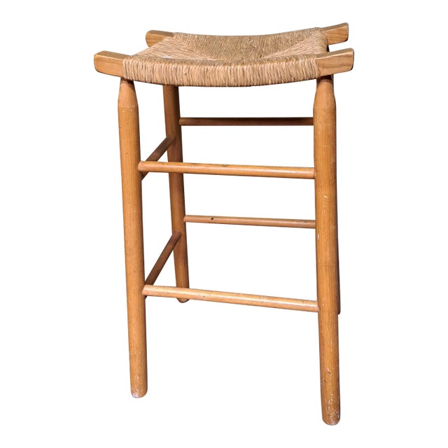 1980s Mid Century Rush Wood High Stool For Sale