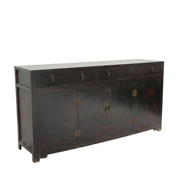 Antique Chinese Tall Sideboard With Faded Hand-Painted Doors, Red-Brown Patina For Sale - Image 4 of 11