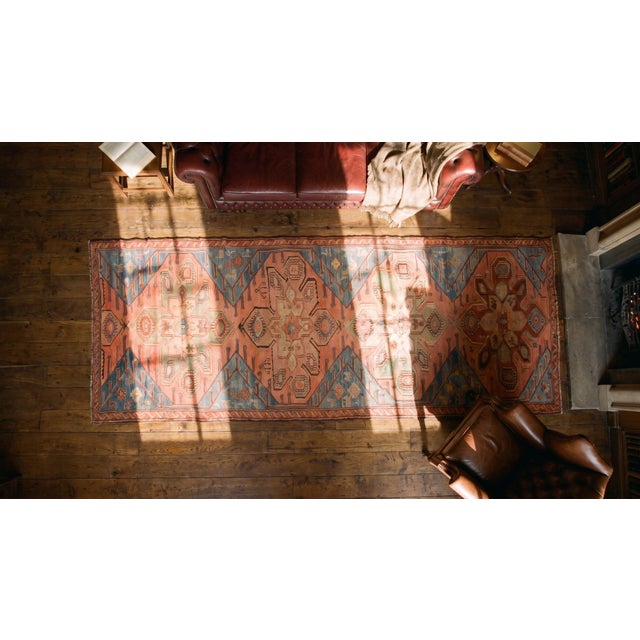 Salmon 1930s Salmon Geometric Medallion Antique Caucasian Karabagh Rug 3'9" X 12'3" Wool Carpet For Sale - Image 8 of 9