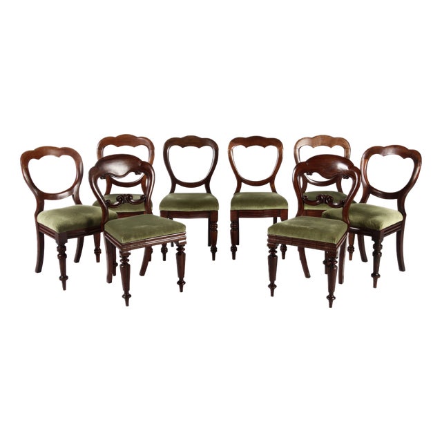 Antique Victorian Mahogany Chairs with Balloon Backs, 1840s, Set of 8 For Sale