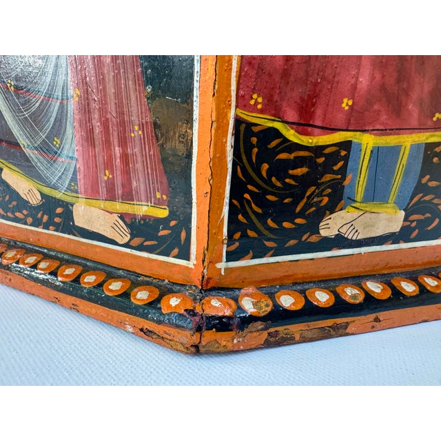 Orange Vintage Indian Mughal Style Hand Painted Octagonal Dowry Box For Sale - Image 8 of 15