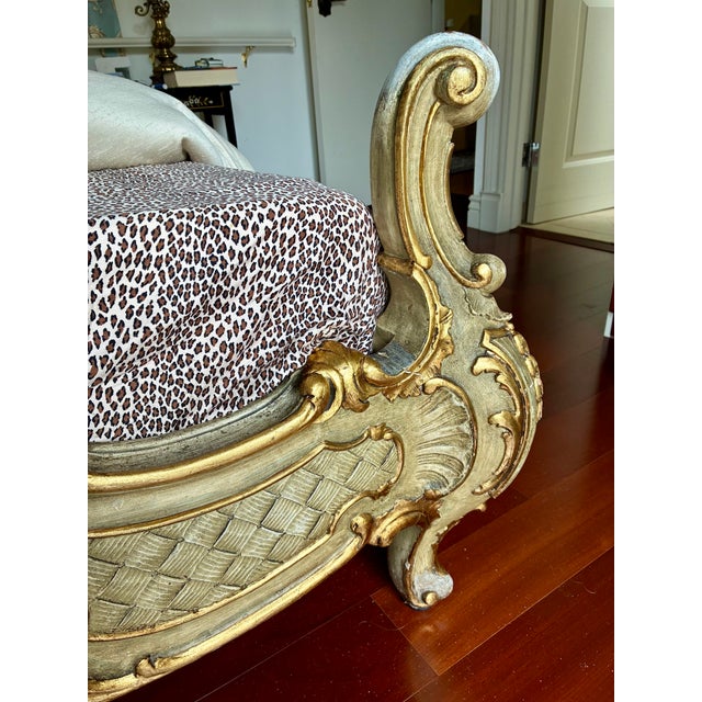 Vintage Italian Carved Painted Bed Frame Tufted Headboard Footboard Rails For Sale - Image 15 of 17